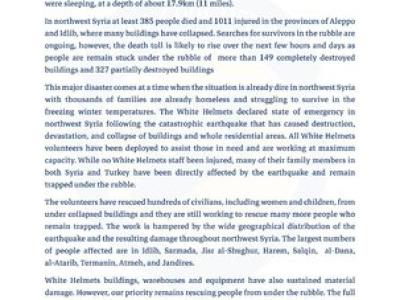 Major earthquake in northwest Syria kills and injures more than 1400 people.