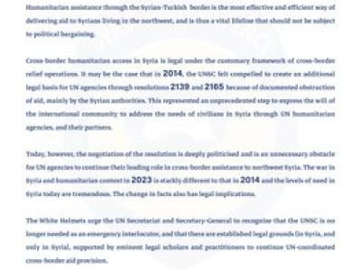 White Helmets call on the UN Secretary-General to recognise that the UNSC is no longer needed to authorise UN-coordinated cross-border aid to northwest Syria