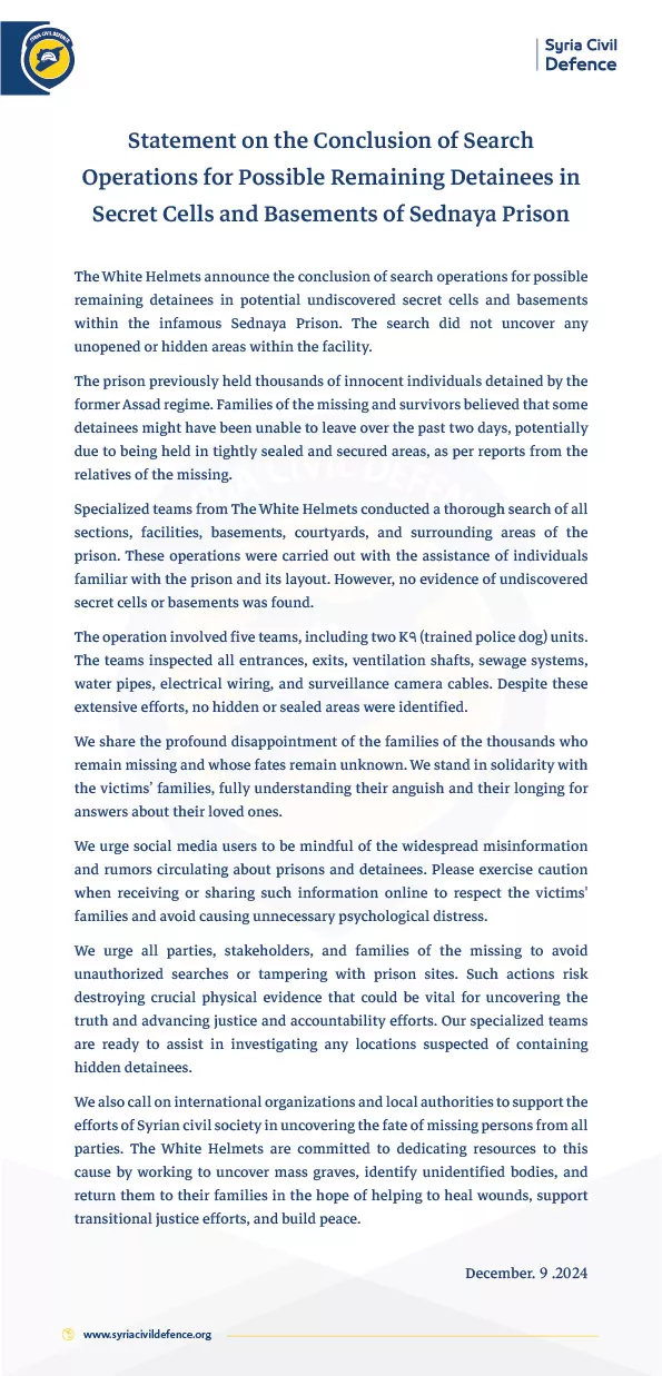 Statement on the Conclusion of Search Operations for Possible Remaining Detainees in Secret Cells and Basements of Sednaya Prison