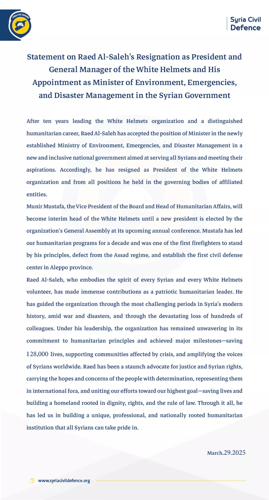 Statement on Raed Al-Saleh's Resignation as President and General Manager of the White Helmets and His Appointment as Minister of Environment, Emergencies, and Disaster Management in the Syrian Government
