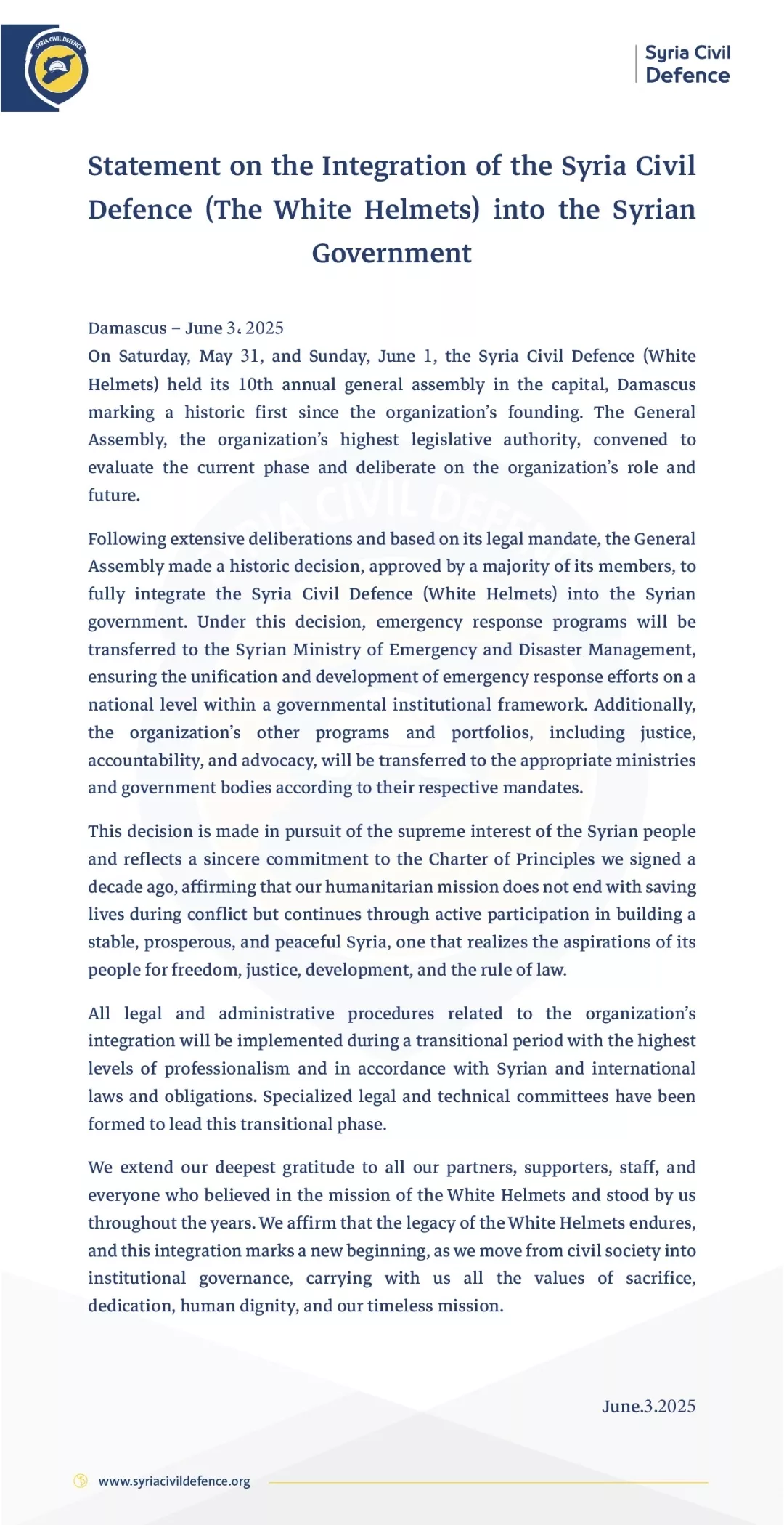 Statement on the Integration of the Syria Civil Defence (The White Helmets) into the Syrian Government